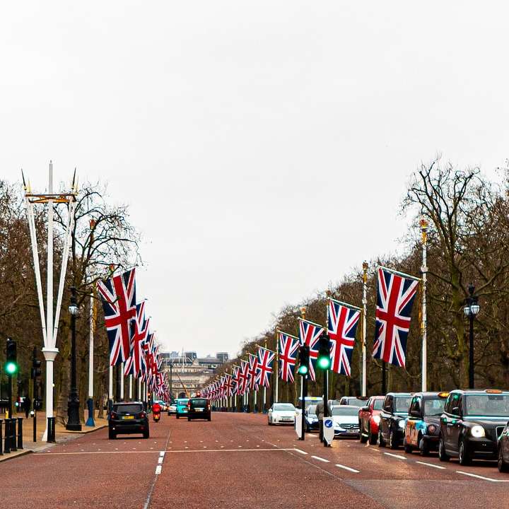 αυτοκίνητα σταθμευμένα στην άκρη του δρόμου με σημαίες στο πλάι κατά τη διάρκεια της ημέρας online παζλ