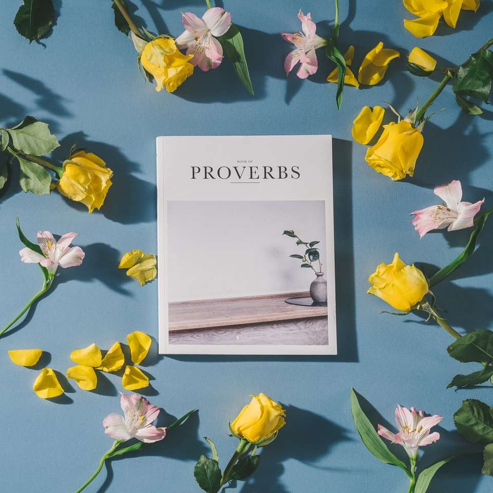 Přísloví kniha vedle bílé a růžové květy online puzzle