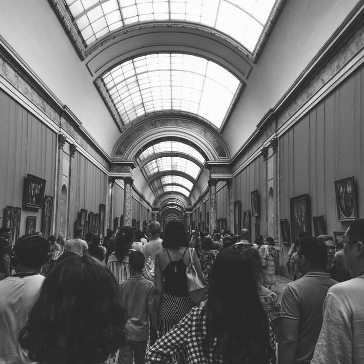 група людей у ​​музеї в сірих відтінках фотографії розсувний пазл онлайн