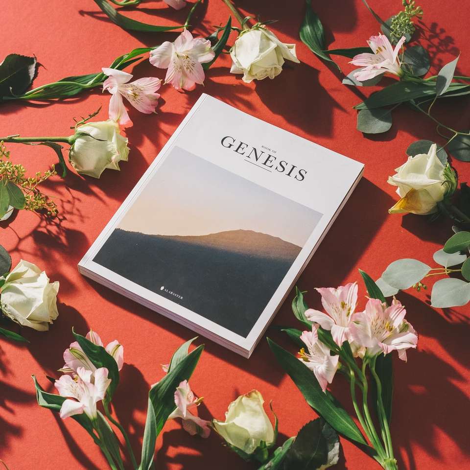 Genesis tryckt bok av blommor på röd yta Pussel online