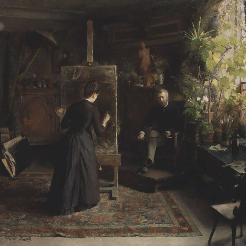 donna in abito nero in piedi sulla casa di legno marrone puzzle scorrevole online