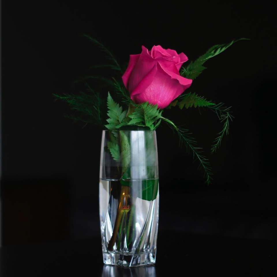 różowa róża w wazonie z przezroczystego szkła puzzle przesuwne online
