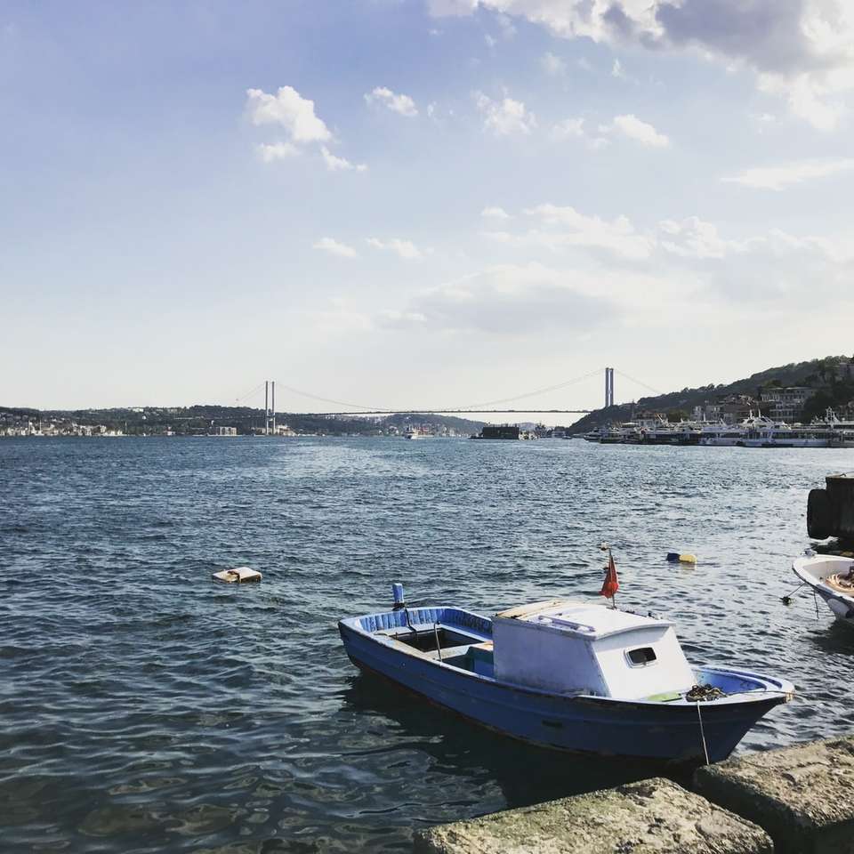 biała i niebieska łódź na morzu w ciągu dnia puzzle przesuwne online