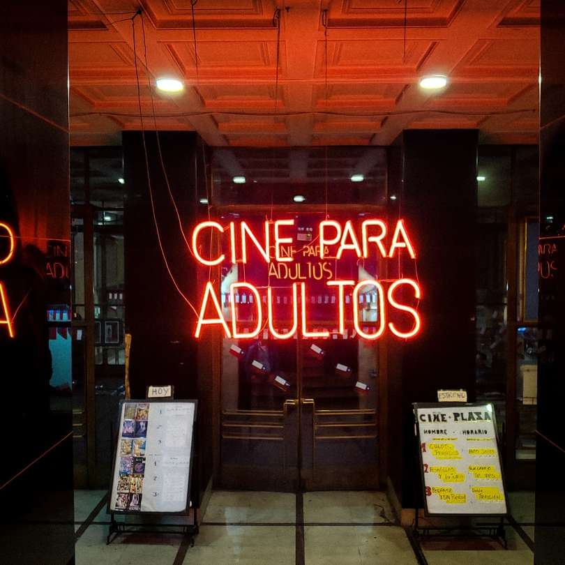 Neonowy napis Cine PAra Adultos przed zamkniętymi francuskimi drzwiami puzzle przesuwne online