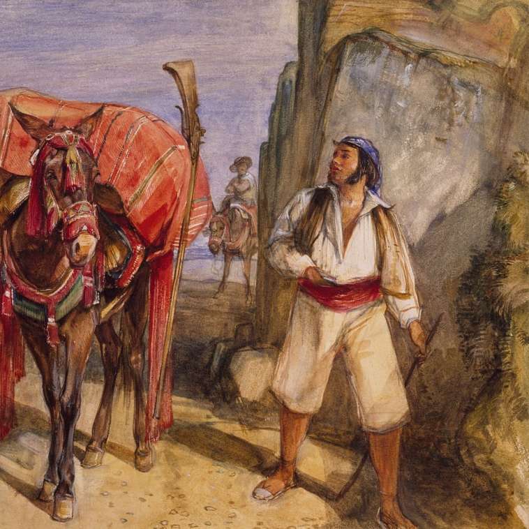 άντρας στέκεται δίπλα σε άλογο ζωγραφική συρόμενο παζλ online