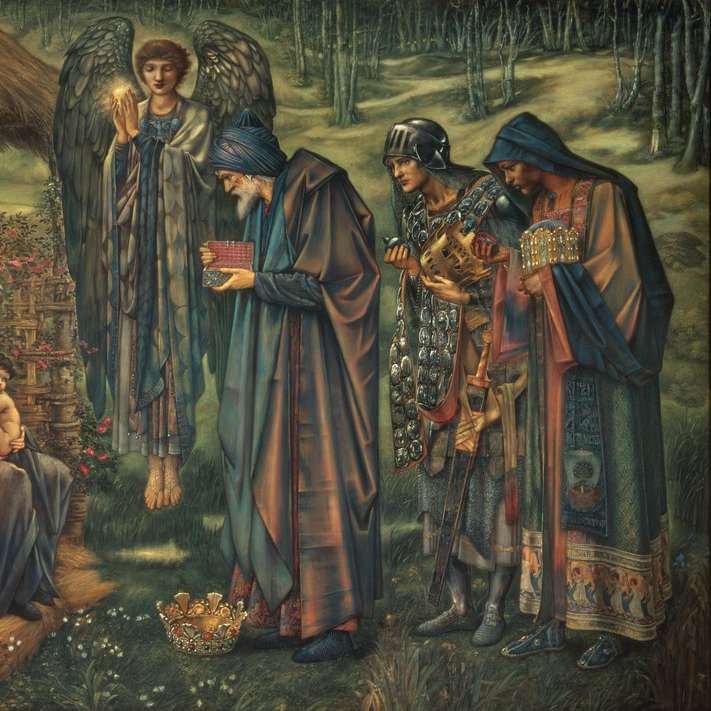 nascimento de Jesus Cristo com três reis e pintura de anjo puzzle online