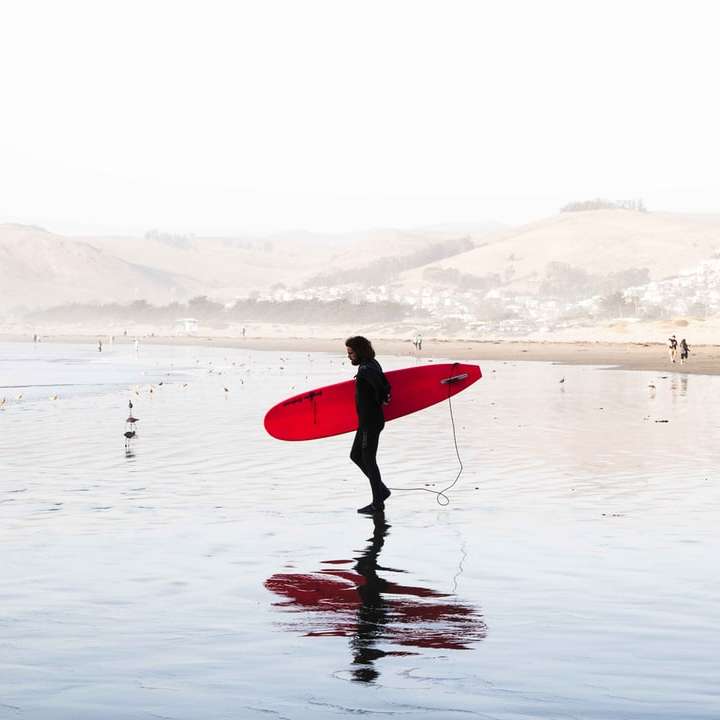 Человек на водоеме с красной доской для серфинга онлайн-пазл