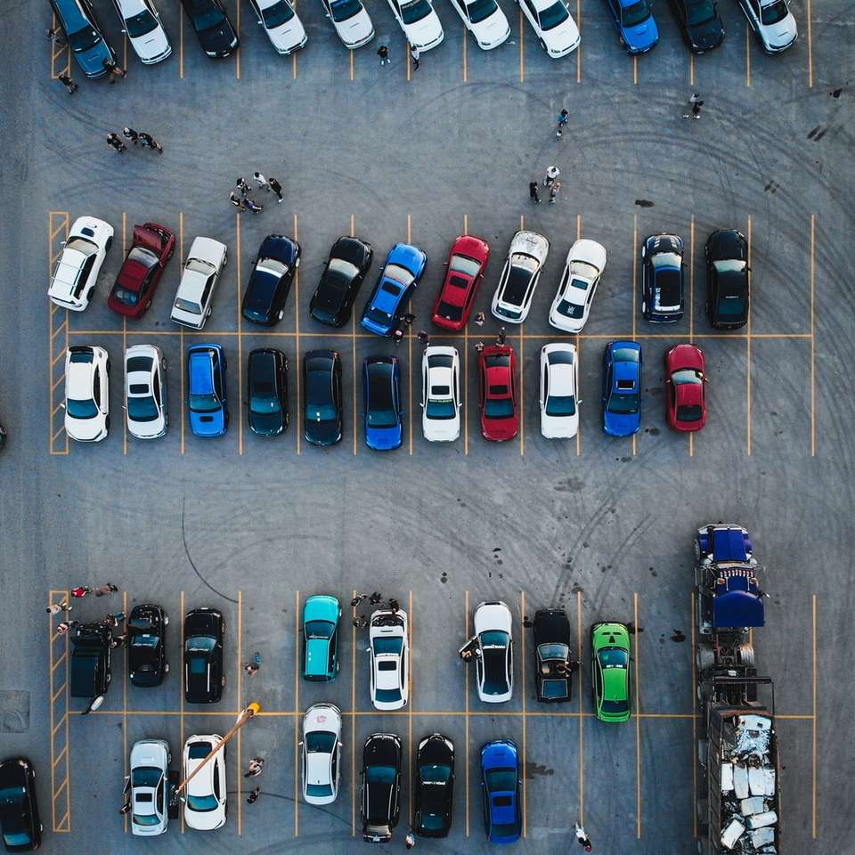 Top-down drone shot of a car meet sliding puzzle online