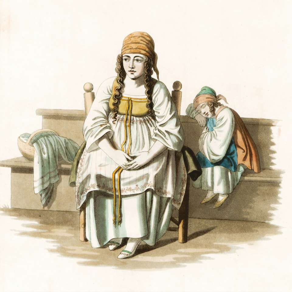 kvinna i vit klänning som sitter på stol glidande pussel online