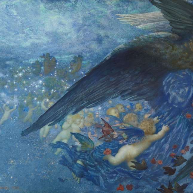 anjo em vestido azul pintando puzzle deslizante online
