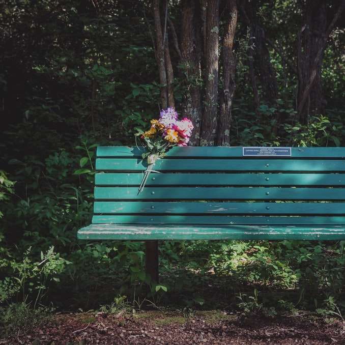 πράσινο ξύλινο πάγκο και λουλούδια κατά τη διάρκεια της ημέρας online παζλ