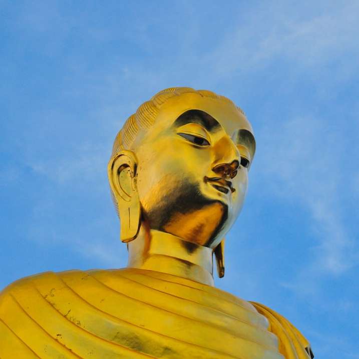 Statue d'or de l'homme sous le ciel bleu pendant la journée puzzle en ligne