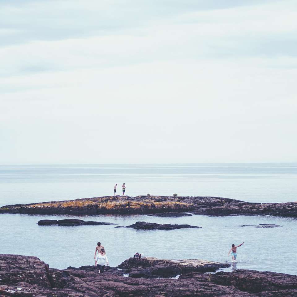 ludzie stojący na formacji skalnej w pobliżu morza w ciągu dnia puzzle przesuwne online