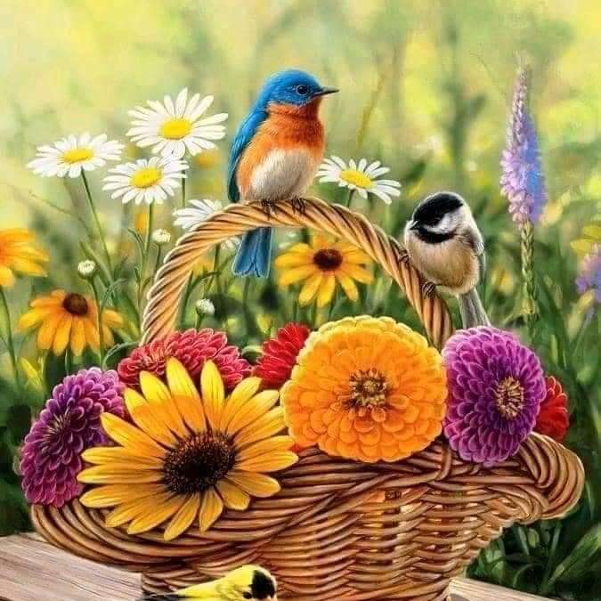 καλάθι με λουλούδια και πολύχρωμα πουλιά συρόμενο παζλ online