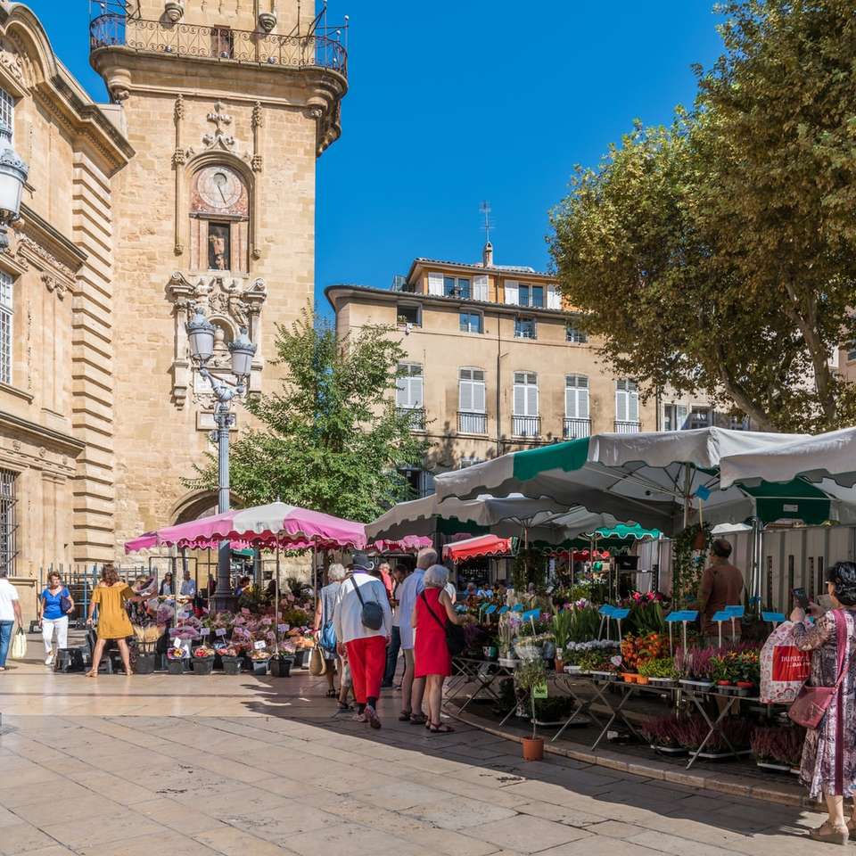 Der Hauptblumenmarkt in Aix-en-Provence und Place de Hotél de Ville Online-Puzzle