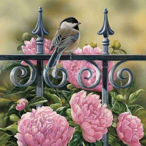 peonies and a bird on the fence online puzzle