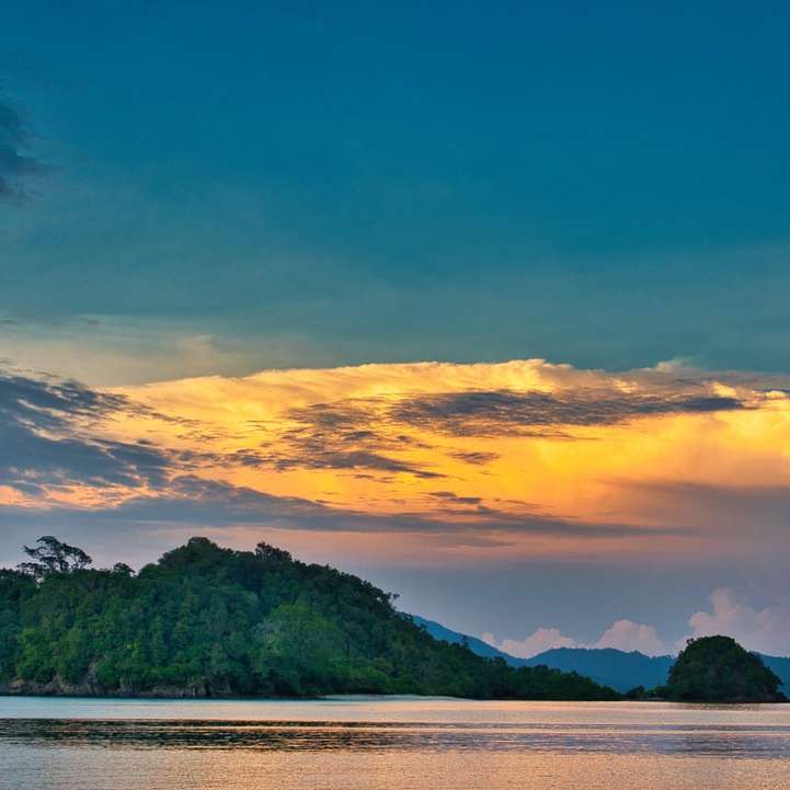 grüne Bäume auf der Insel während des Sonnenuntergangs Schiebepuzzle online