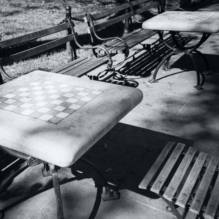 Tavoli da scacchi in un parco cittadino. puzzle online