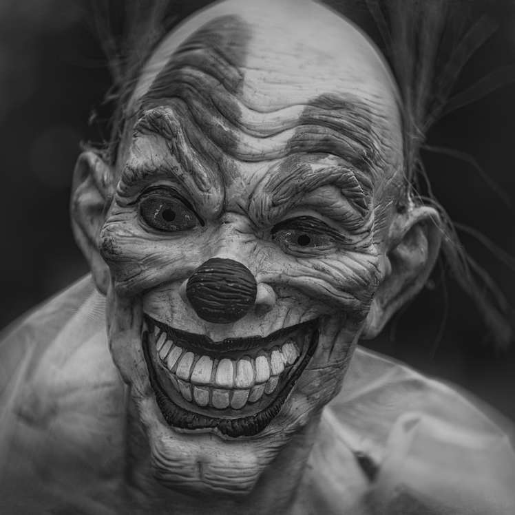 grayscale photography of person wearing clown mask online puzzle