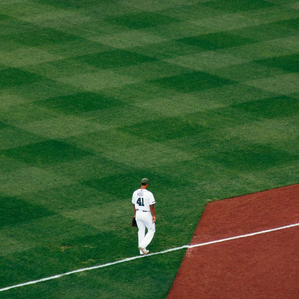 joueur de baseball debout sur les marches de terrain sur la ligne blanche puzzle en ligne