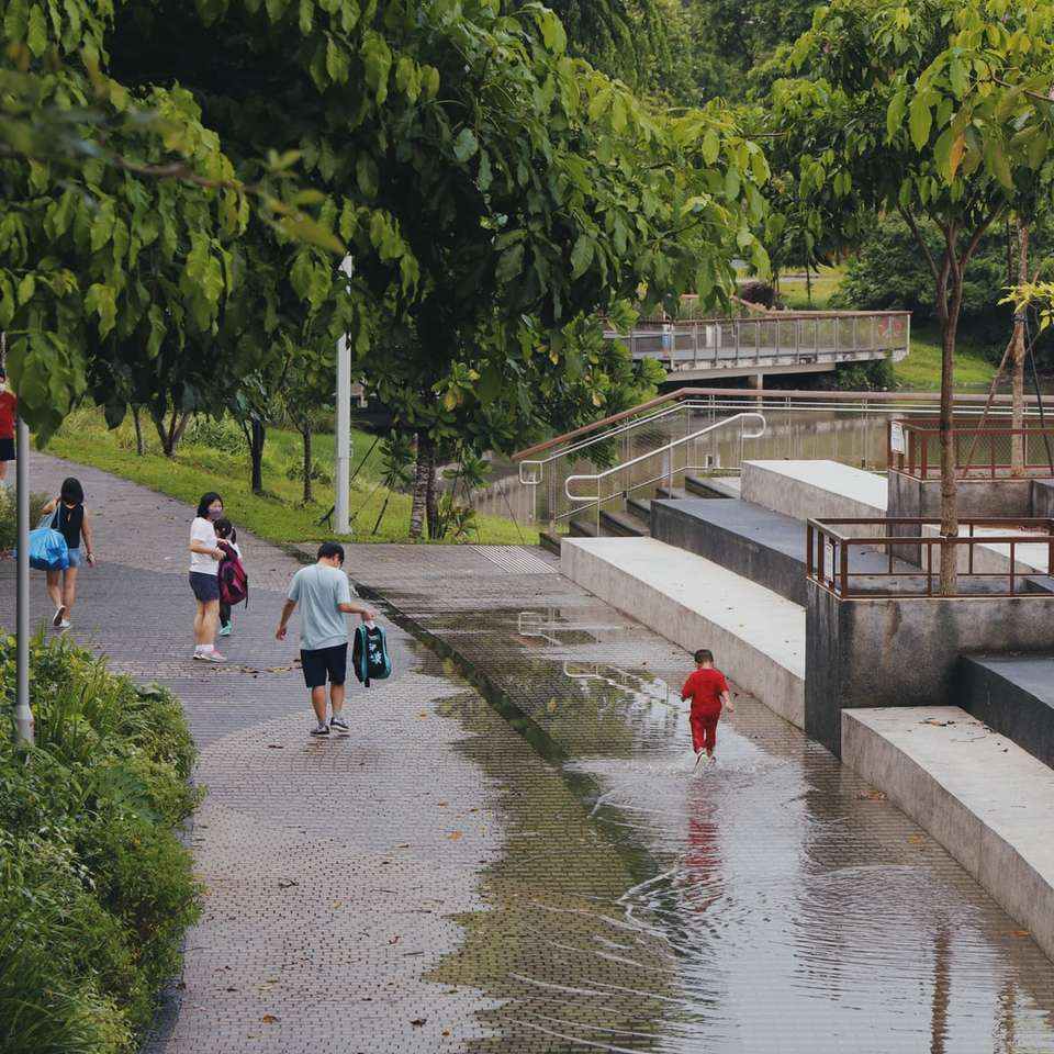 ludzie chodzą po szarym betonowym moście w ciągu dnia puzzle online