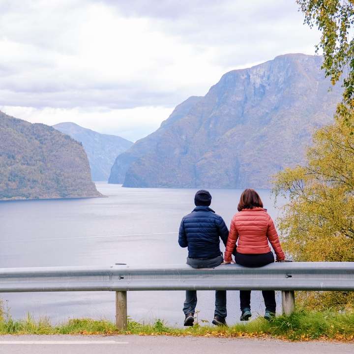 homme et femme assis sur une clôture routière puzzle coulissant en ligne