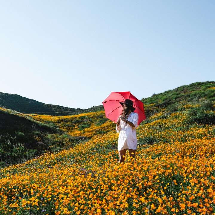 femeie care merge pe câmpul de plante portocalii cu flori petalate puzzle online