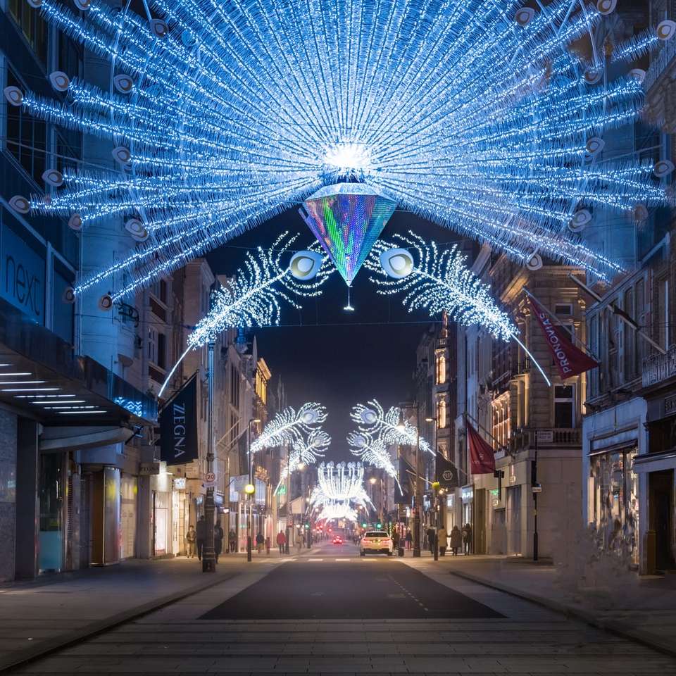blue and white string lights on street online puzzle