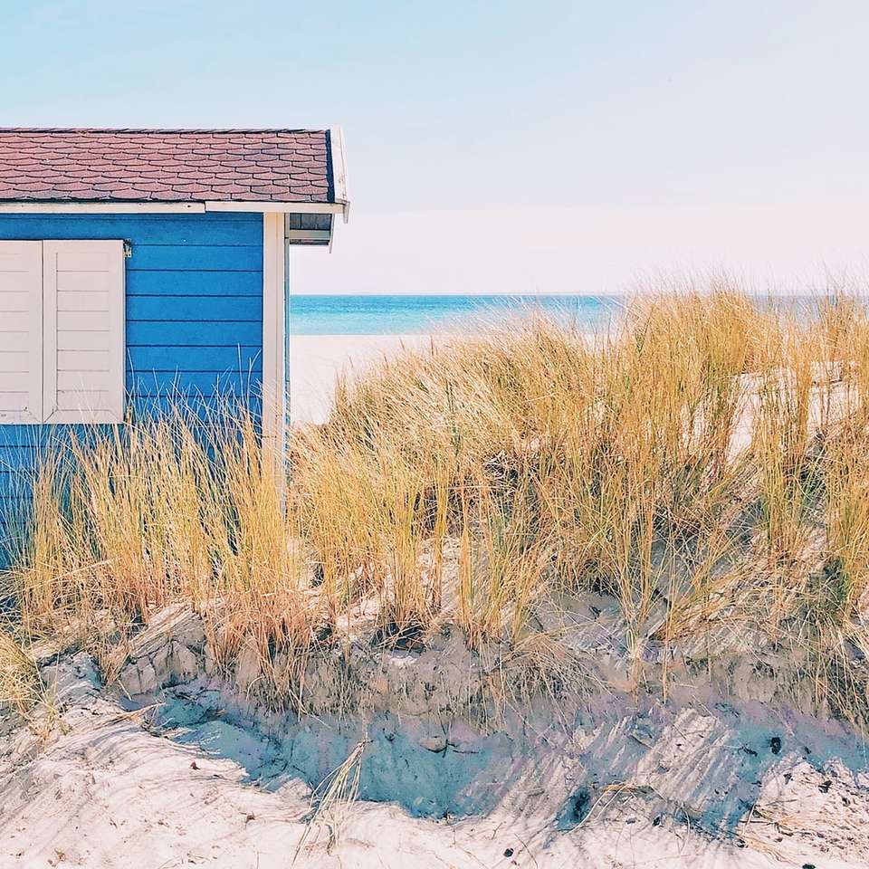 синьо-білий дерев'яний будинок біля водойми розсувний пазл онлайн