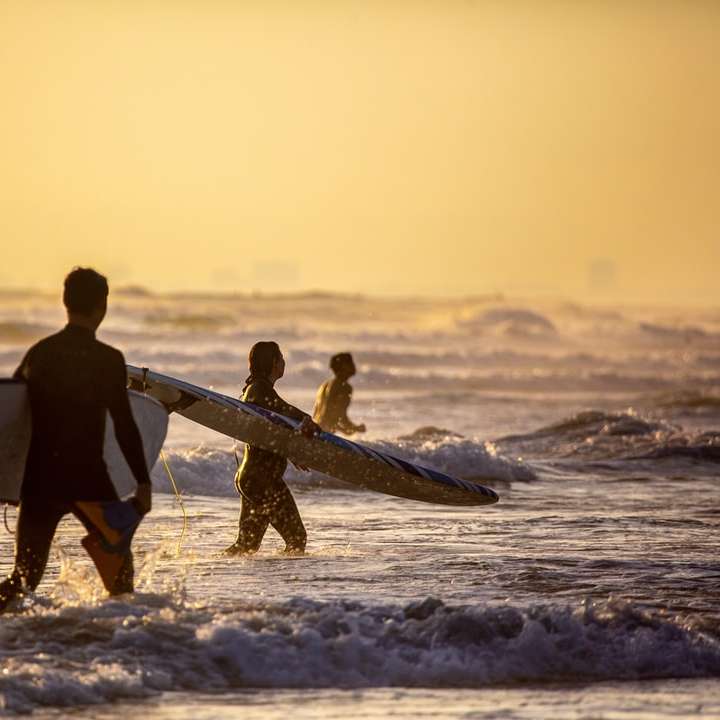 silhueta de 2 homens segurando uma prancha de surf caminhando na praia puzzle online