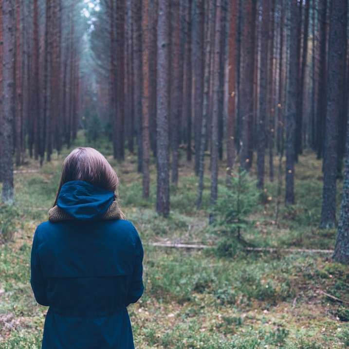 kvinna i huvtröja i skogen glidande pussel online