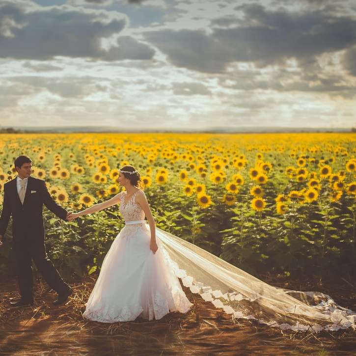 Braut und Bräutigam gehen vor Sonnenblumenfeld Online-Puzzle
