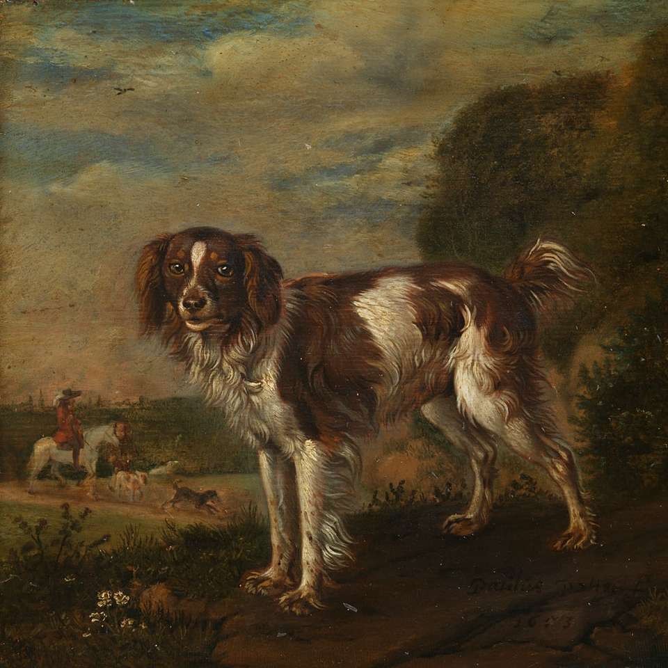 pêlo longo marrom e branco pintura de cachorro médio puzzle online