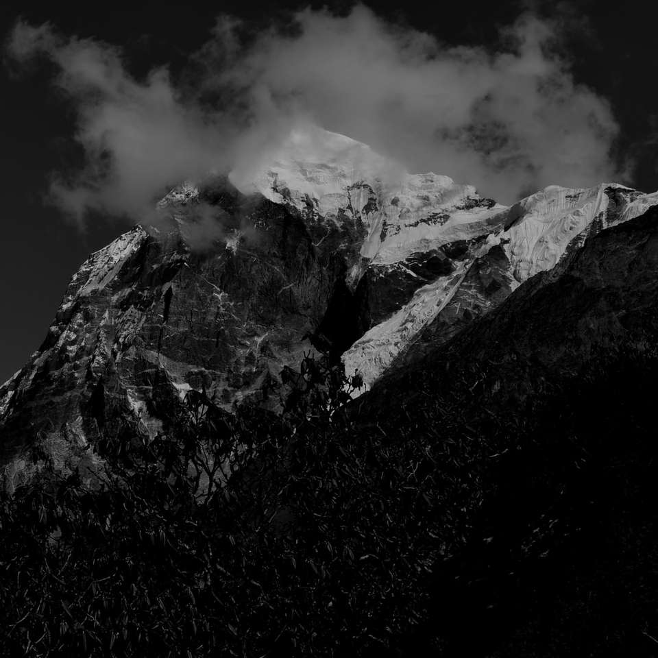 foto in scala di grigi della neve = montagna coperta puzzle online