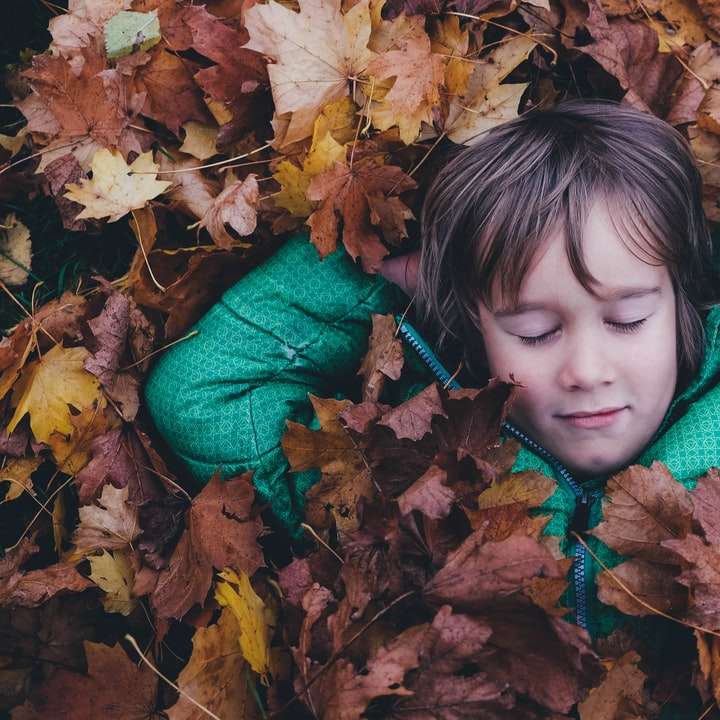 茶色のカエデの葉の上に横たわっている目を閉じた少年 スライディングパズル・オンライン