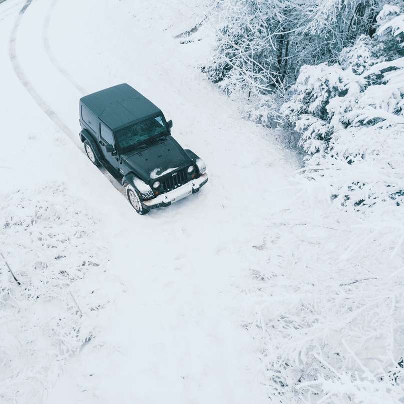 fekete jármű hóval borított fák közelében online puzzle