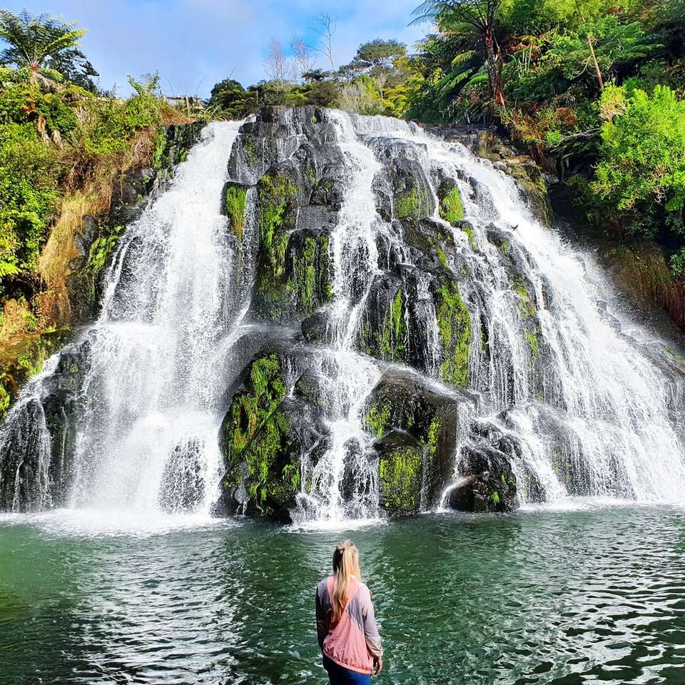 woman in pink tank top standing in front of waterfalls sliding puzzle online