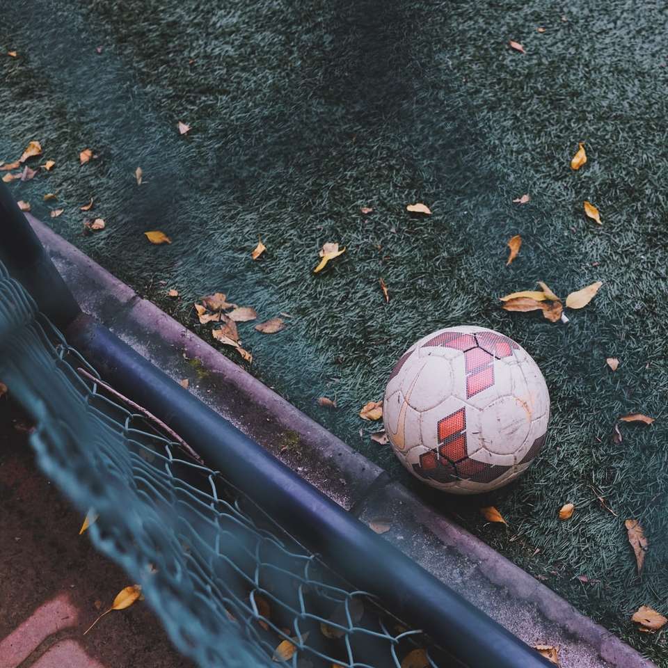 fehér és piros futball-labda a zöld fű csúszó puzzle online