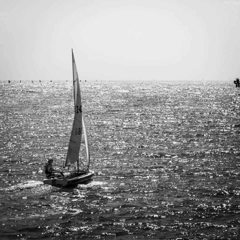 gråskalefoto av segelbåt på havet Pussel online