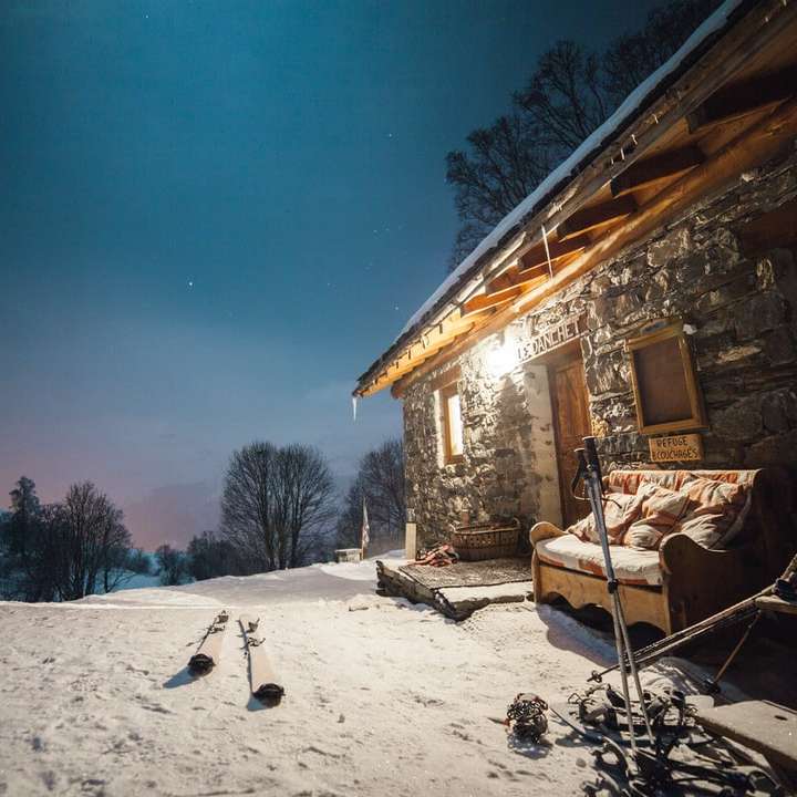 casă gri luminată lângă copaci puzzle online
