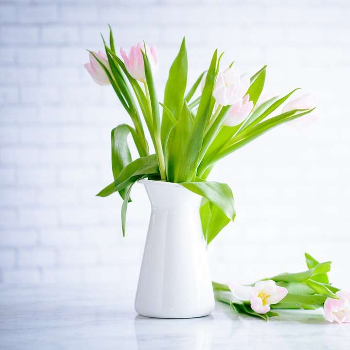 pink tulips on white vase online puzzle