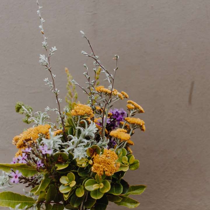 gula och lila blommor med gröna blad Pussel online