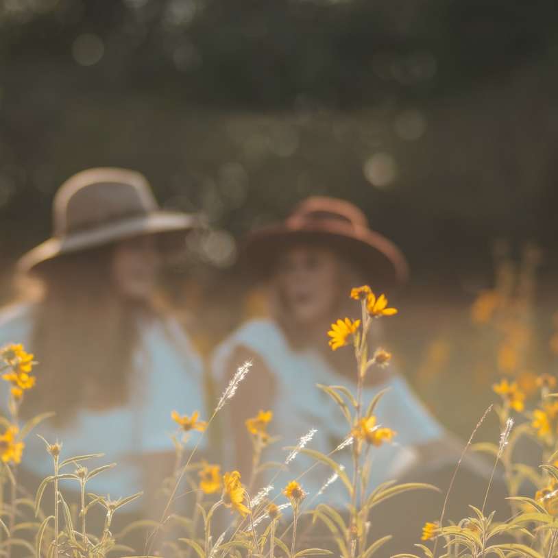 Femme en chapeau de soleil blanc assis sur un champ de fleurs blanches puzzle coulissant en ligne