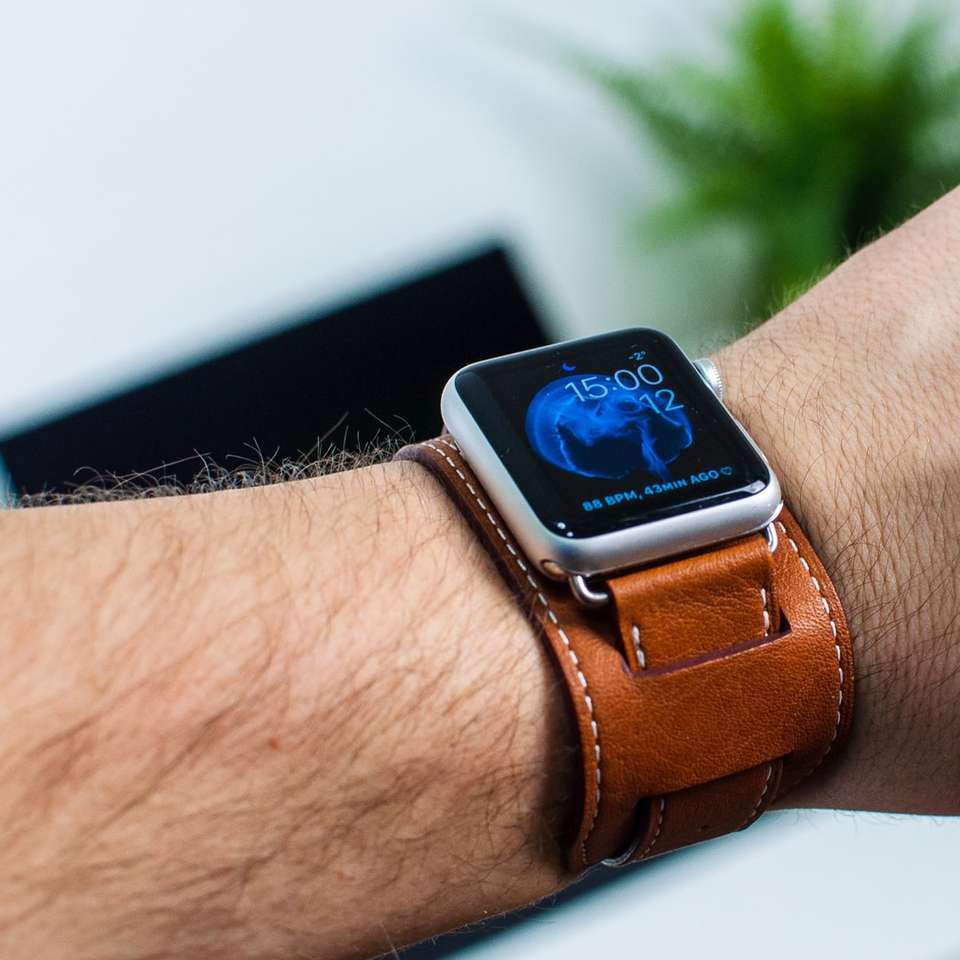person wearing silver aluminum case Apple Watch online puzzle