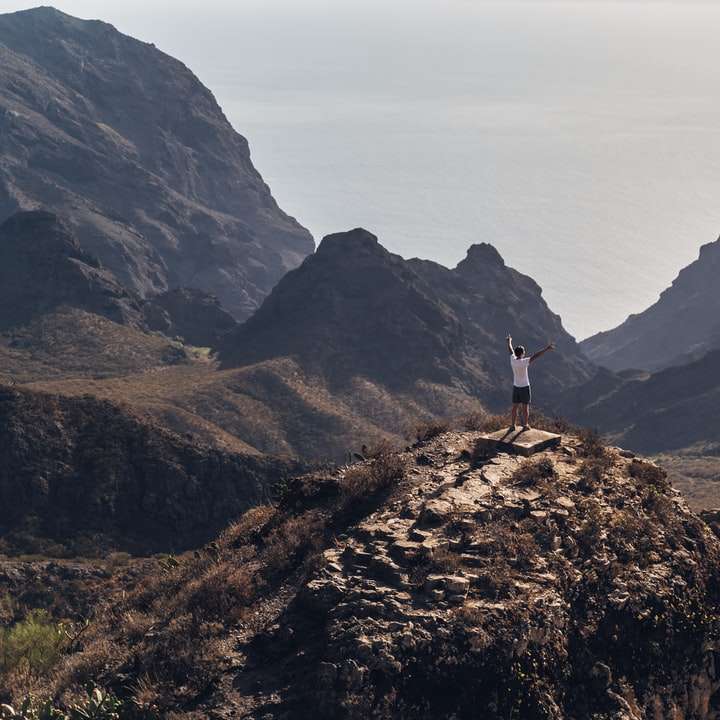 άτομο που στέκεται πάνω σε καφέ βράχο βουνό κατά τη διάρκεια της ημέρας online παζλ