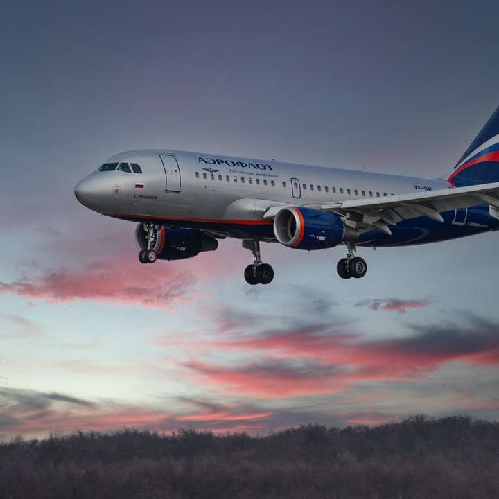 biało-niebieski samolot pasażerski w locie puzzle online
