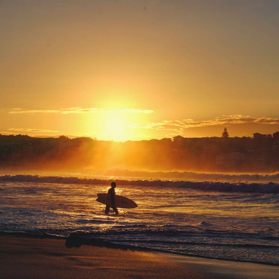 σιλουέτα του ανθρώπου που στέκεται στην παραλία κατά τη διάρκεια του ηλιοβασιλέματος συρόμενο παζλ online