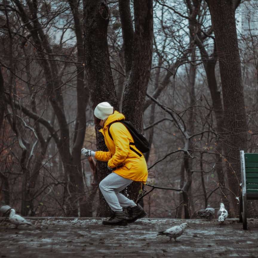 Mann in gelber Jacke und weißer Hose, die auf Wald gehen Online-Puzzle