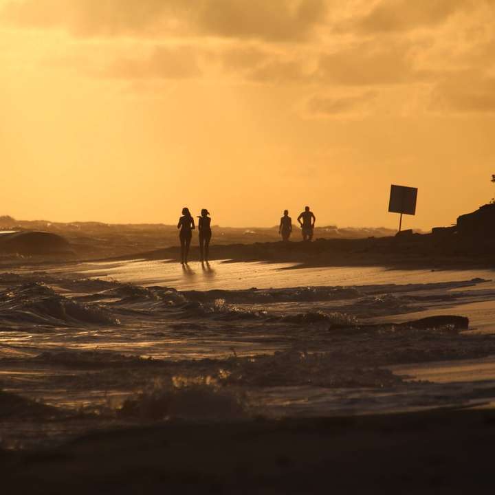 sylwetka ludzi chodzących na plaży podczas zachodu słońca puzzle przesuwne online
