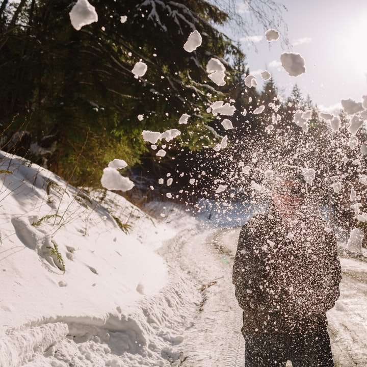 pessoa de jaqueta preta em pé no chão coberto de neve puzzle deslizante online
